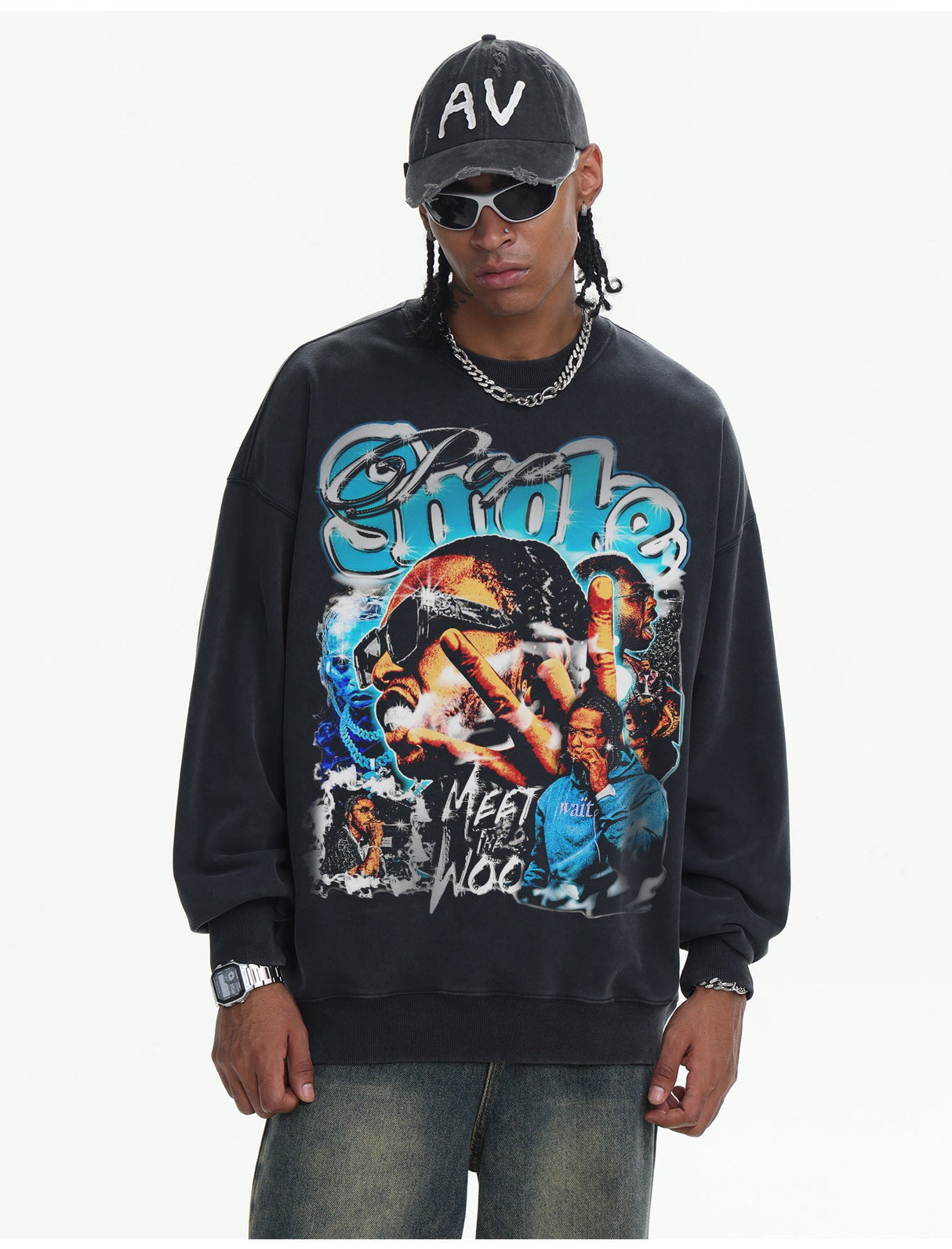 Retro Sports Printed Washing Old Crew Neck Sweatshirt