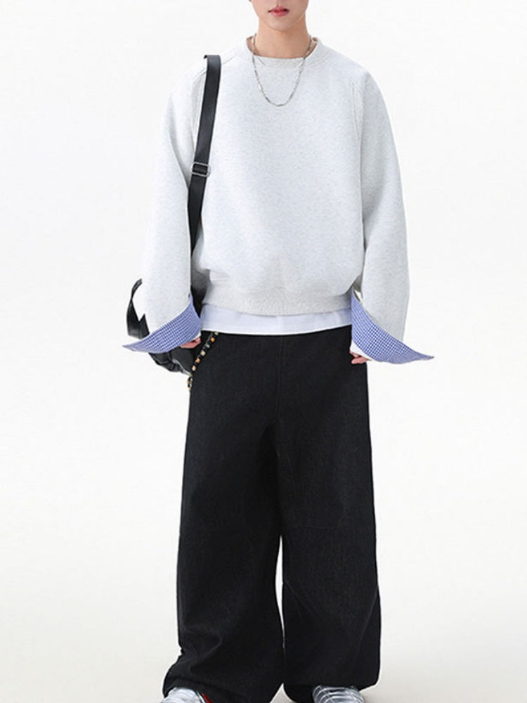Plaid-Panel Clean-Fit Boxy Crew-Neck Sweatshirt