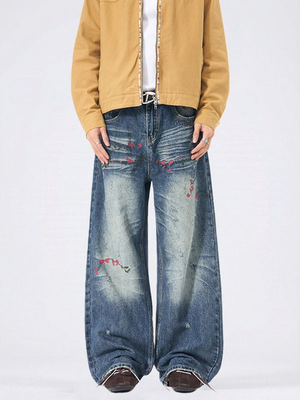 Floral Embroidery Versatile Straight-fit Jeans