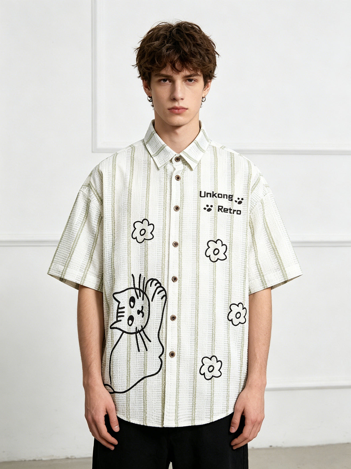 Cartoon Kitten Embroidery Vertical Stripe Loose-fit Vibe Breathable Shirts