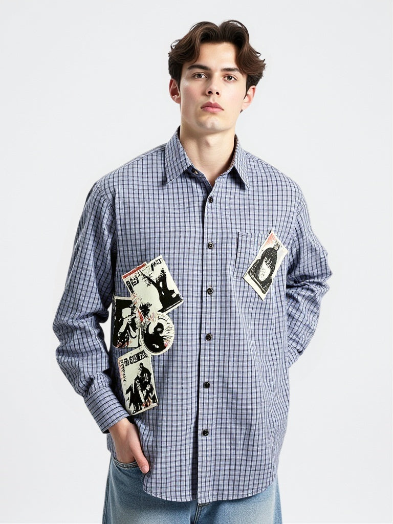 Retro Portrait Appliqué Embroidery Plaid Cleanfit Loose Shirts
