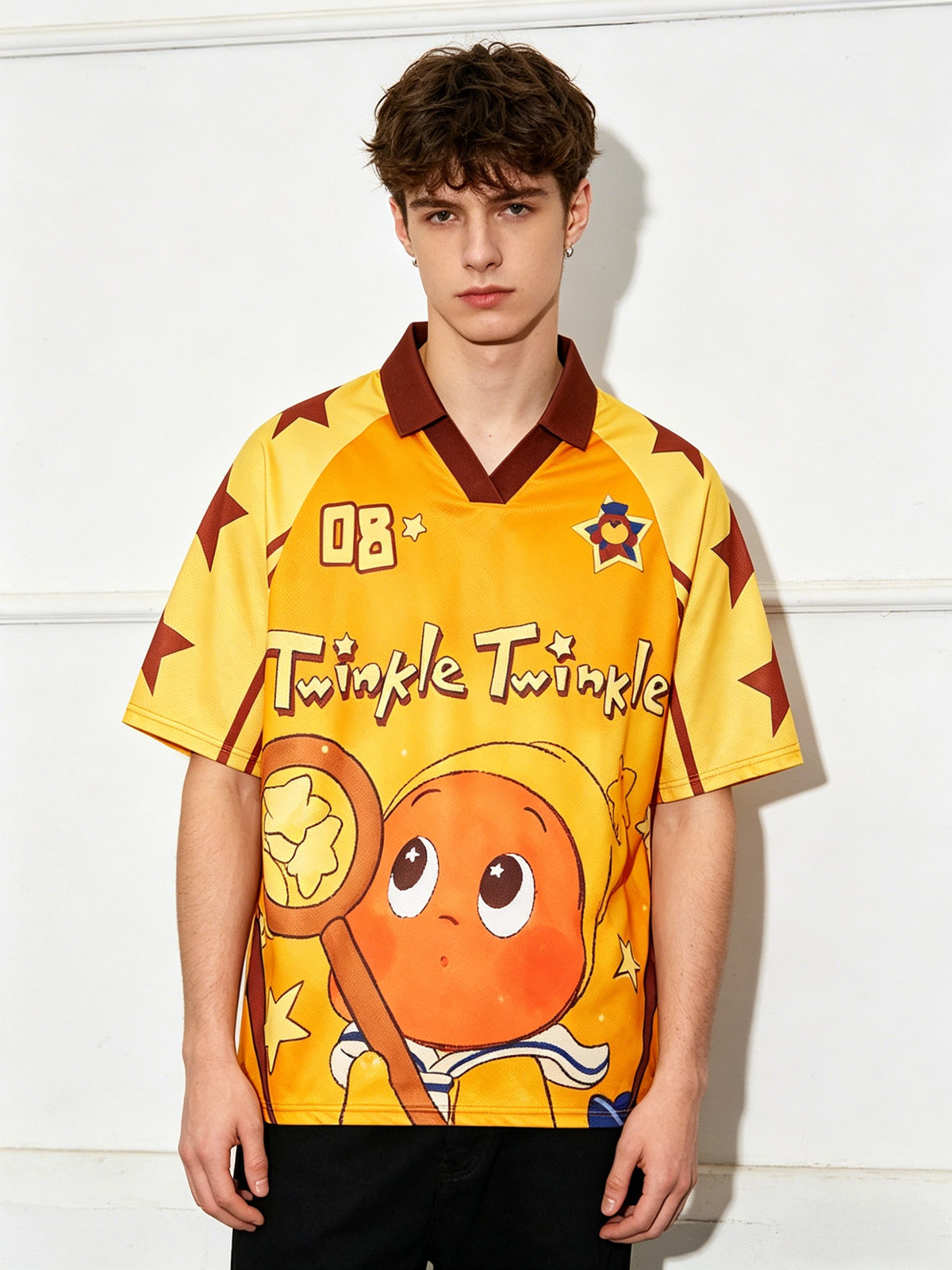 Cartoon Printed Loose-fit Breathable Mesh Polo Shirts