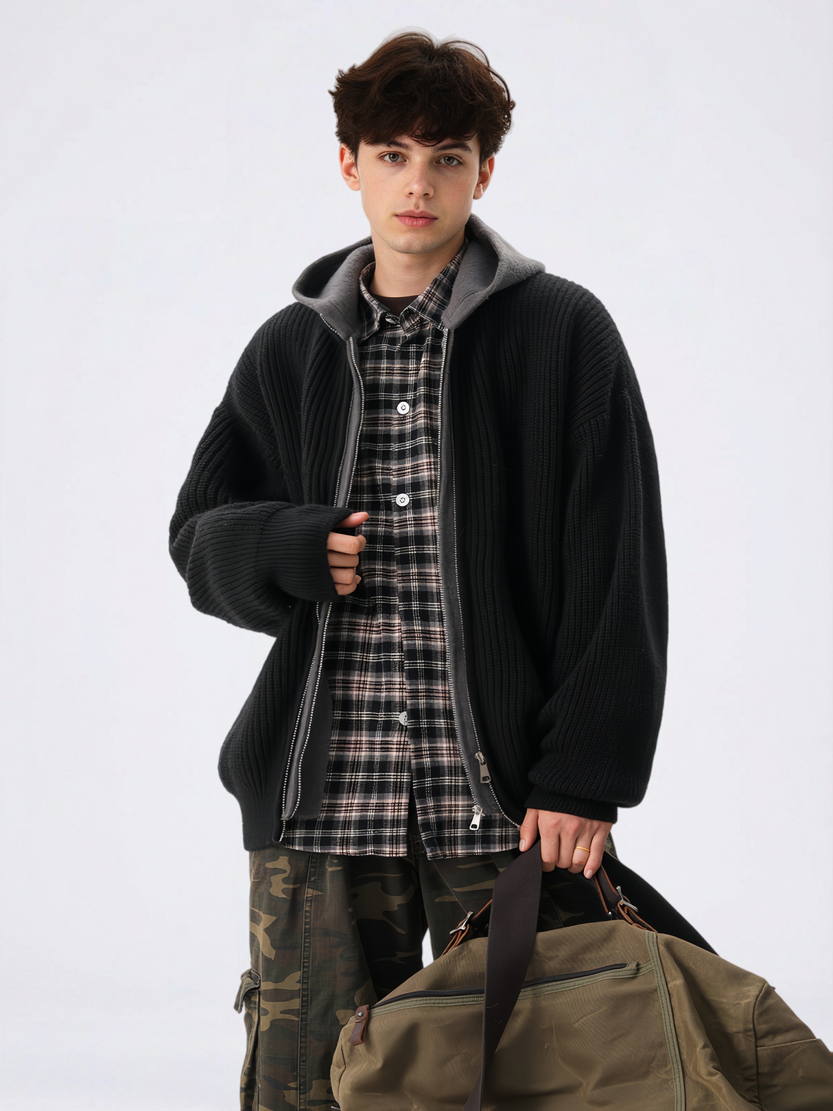 Layered-look Hooded Cardigan