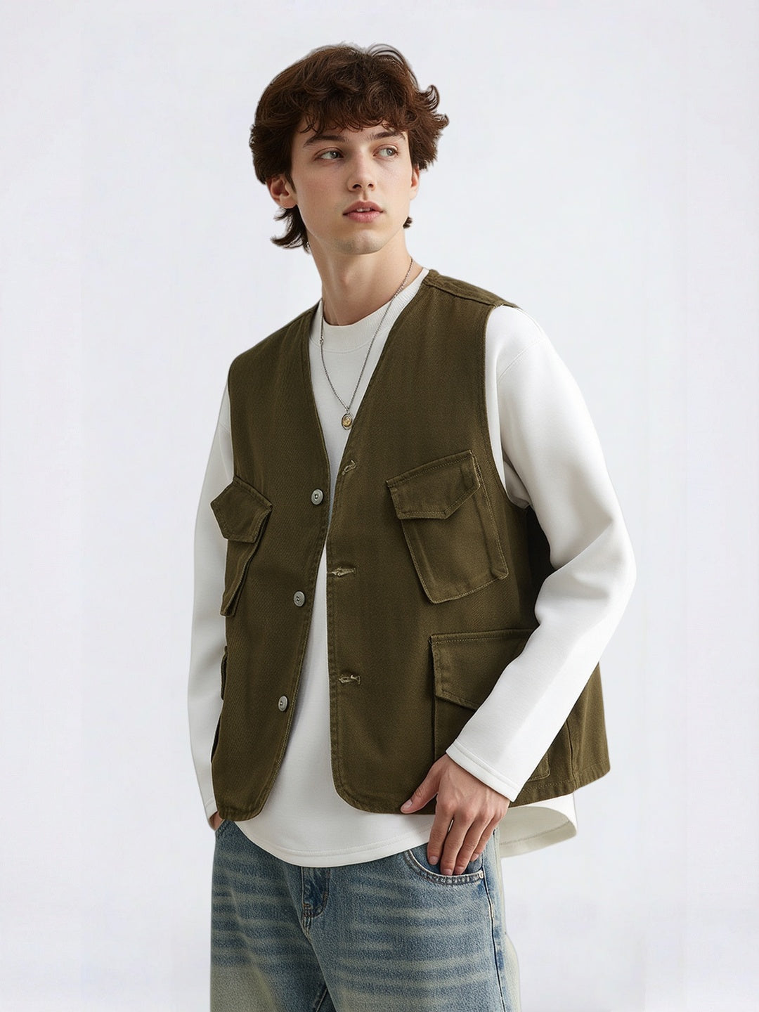 Distressed Washed Multiple Pockets Tooling Vests