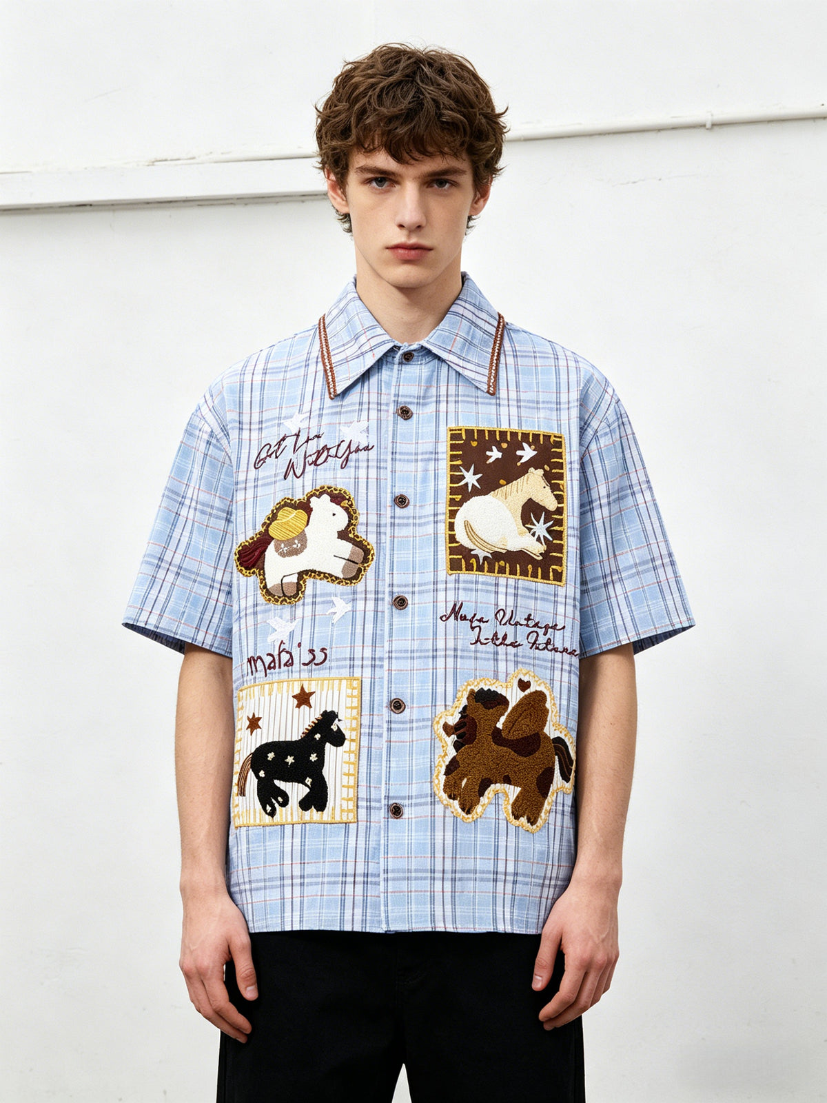 Cartoon Embroidery Plaid Loose-fit Shirts