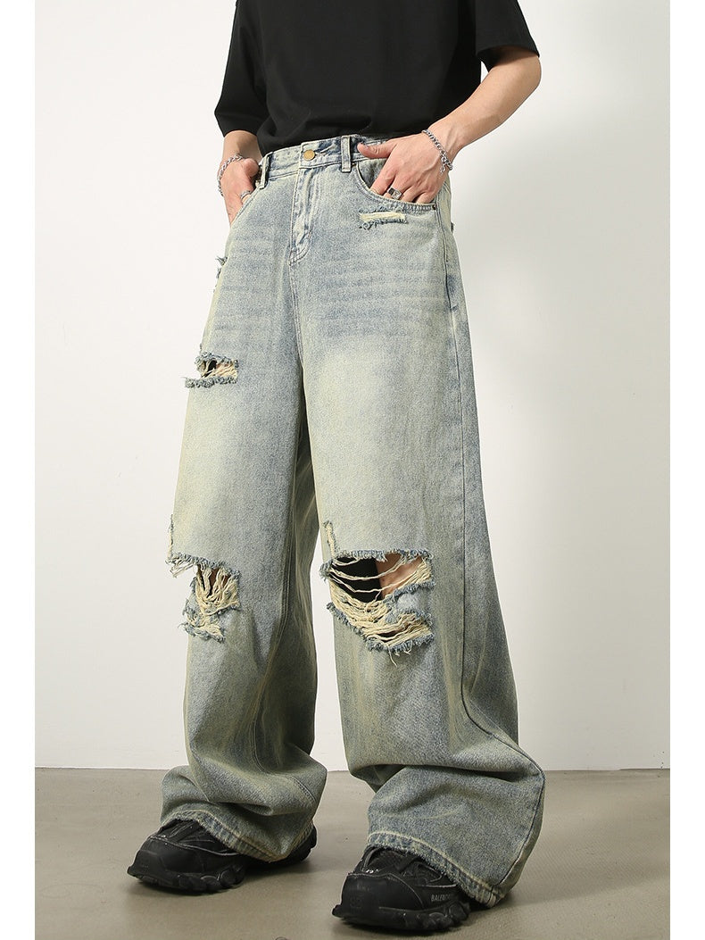 Hole Washed Distressed Loose-fit Wide-leg Jeans