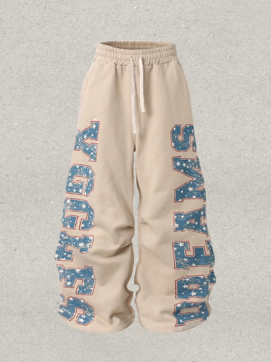 Star Letters Old Printed Machete Wide-leg Pants Plush Thermal Pants