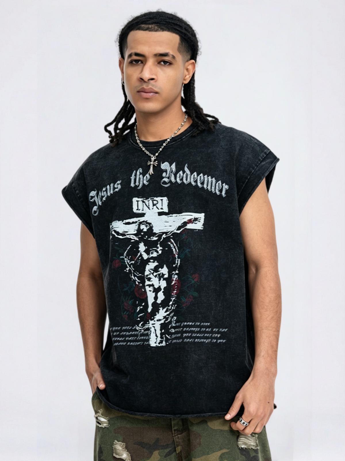 Washed Distressed God Printed Tank Tops