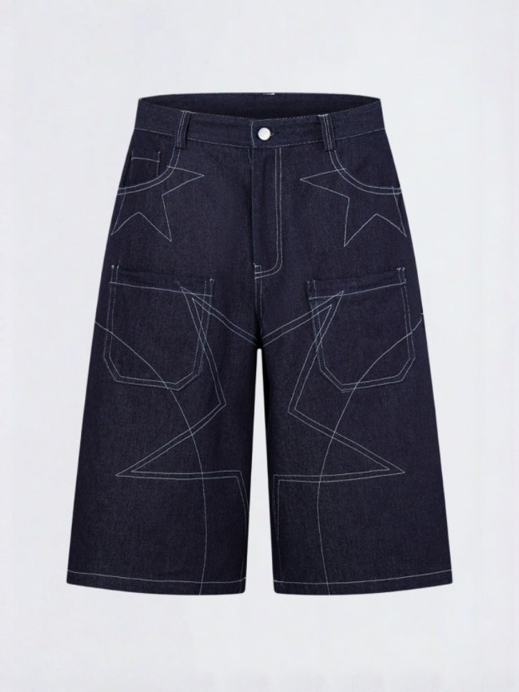 Five-pointed Star Loose-fit Straight-fit Multiple Pockets Five Points Denim Shorts