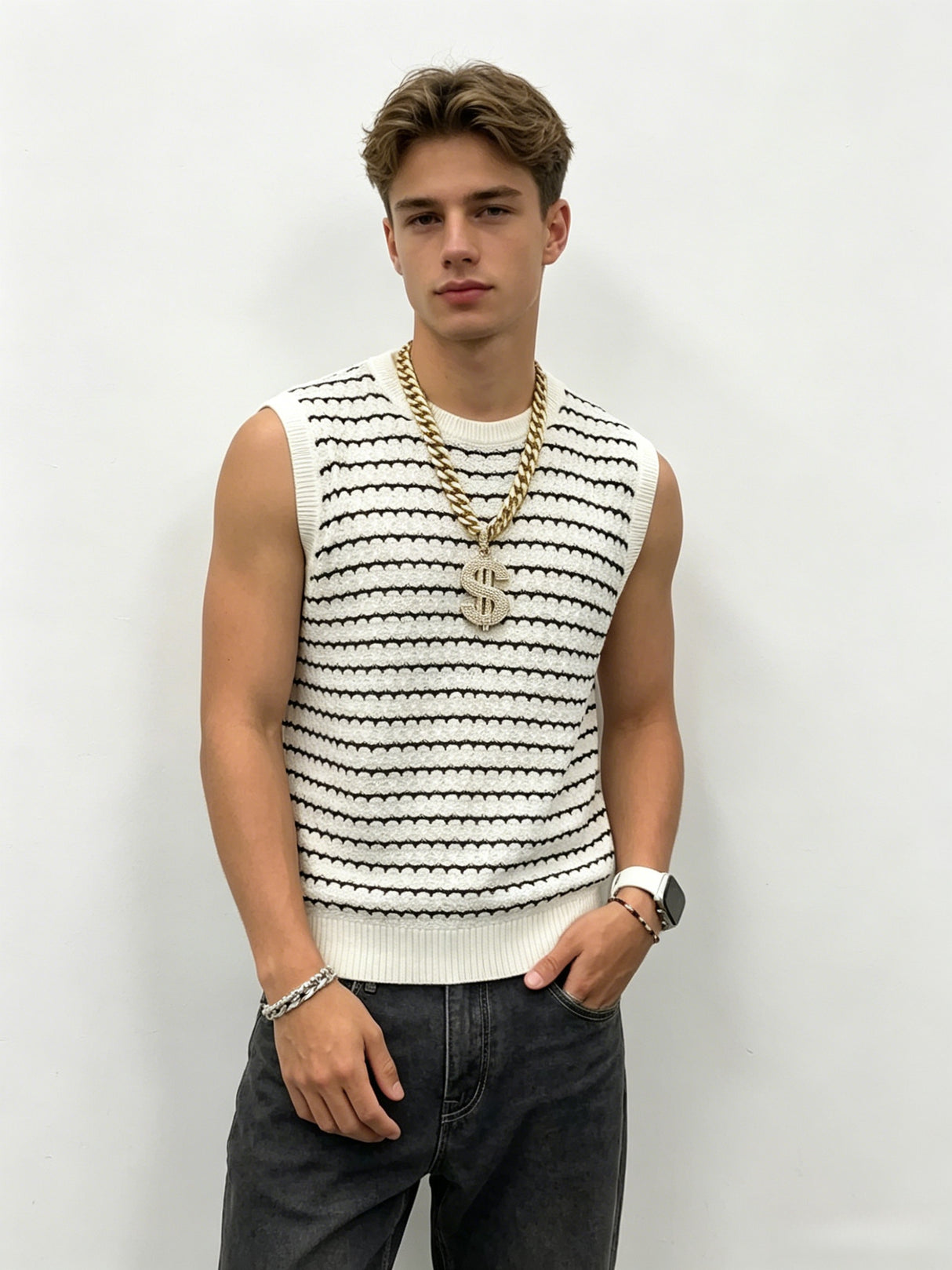 Color-blocked Black And White Stripes Knitting Tank Tops