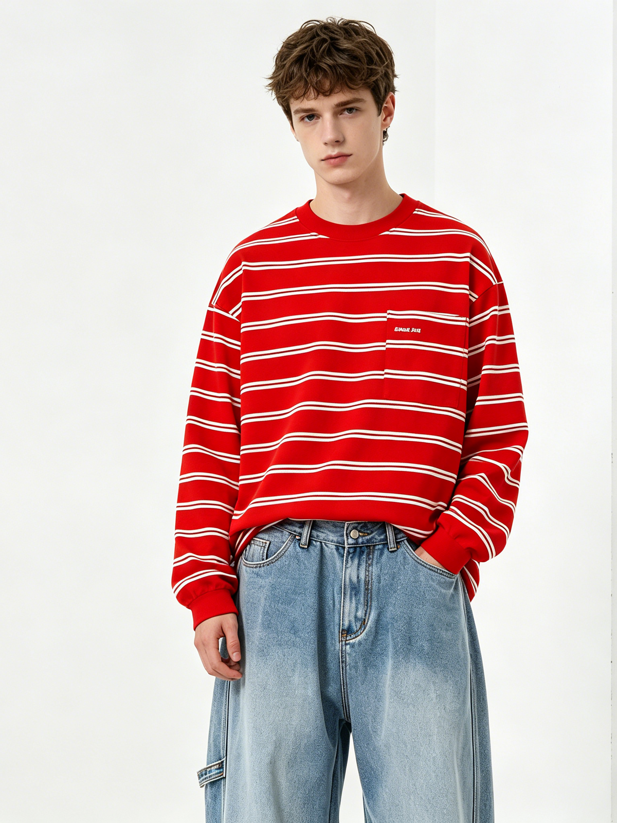 Stripes Color-blocked Embroidery Pocket Loose-fit T-shirts