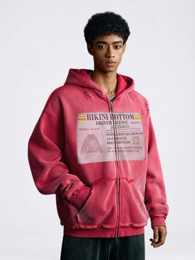 Cardigan mit abgenutztem, gewaschenem Print-Hoodie