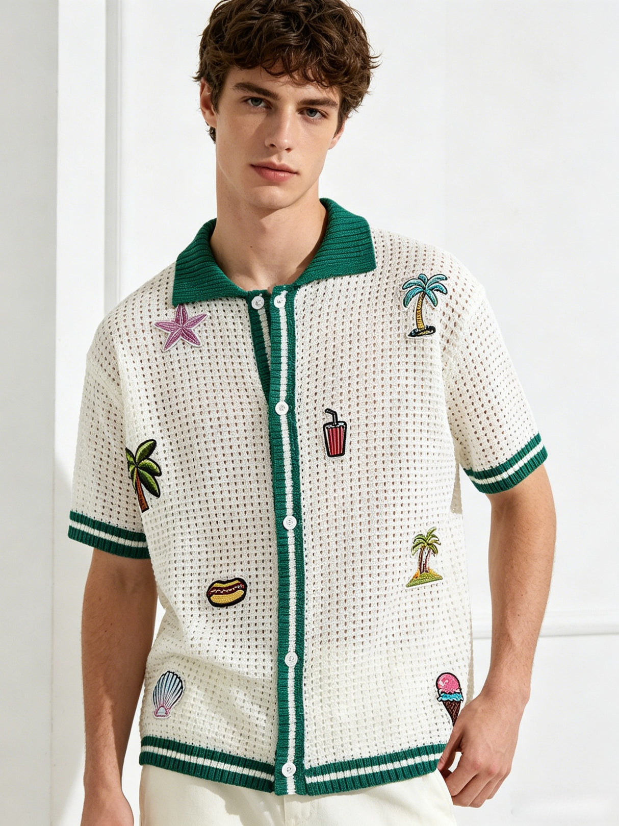 Embroidery Hollow Out Vacation Beach Color Matching Knitting Shirts
