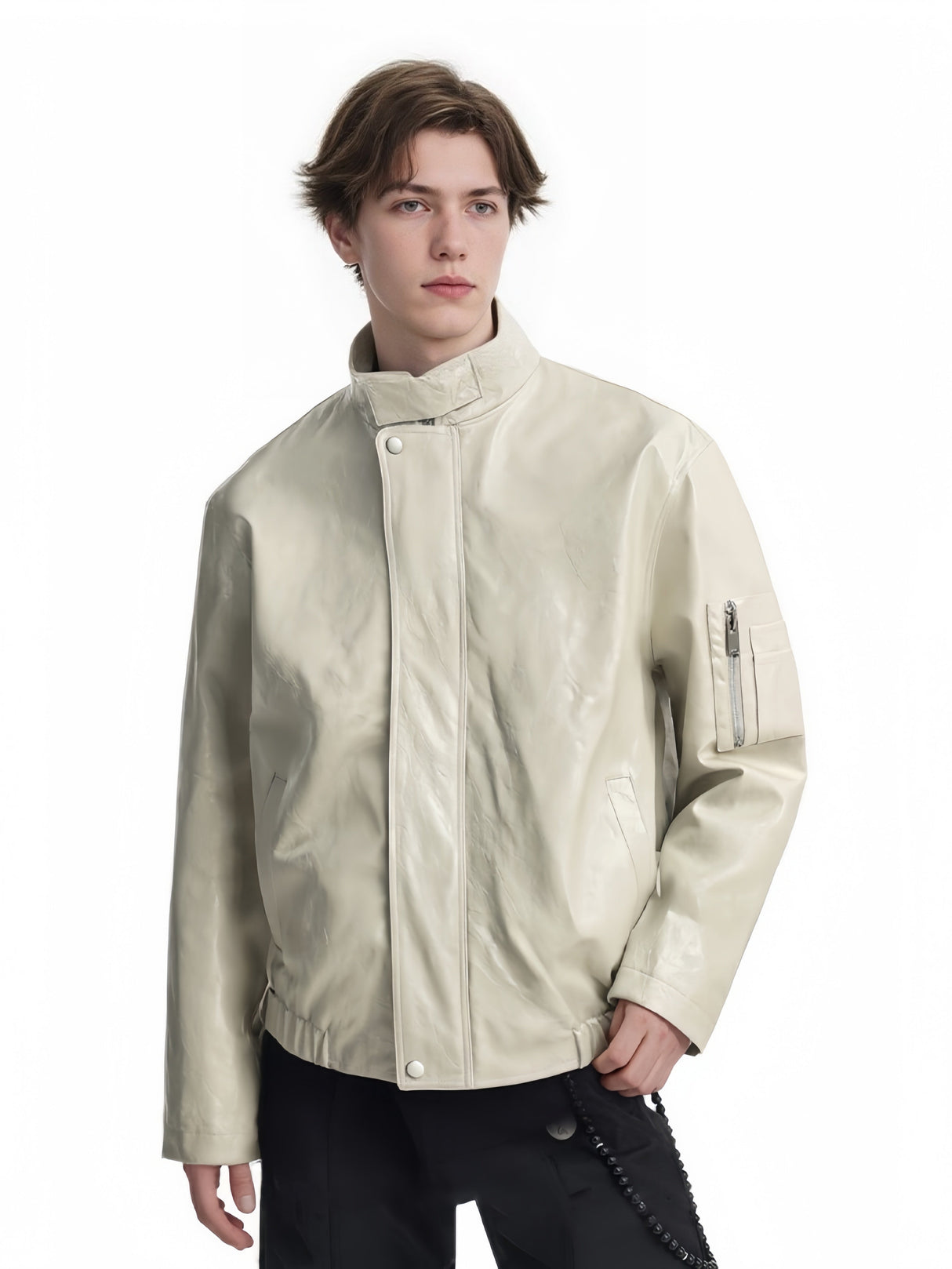 Retro Old Money Style Brown Cleanfit Silhouette Stand Collar Leather Jacket