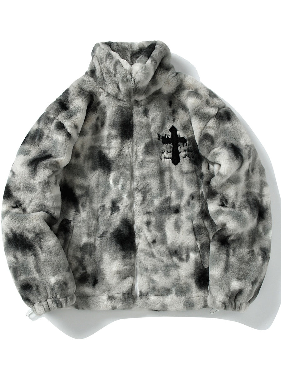 Tie-dye Gradient Cross Stitch Lambskin Faux Rabbit Fur Coat