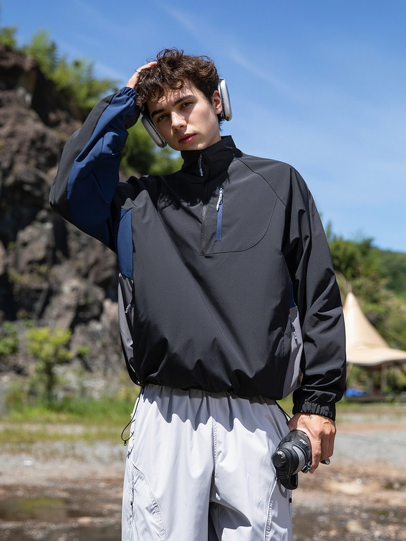 Outdoor Half Zipper Stand Collar Splicing Contrasting Colors Sports Water-repellent Jackets
