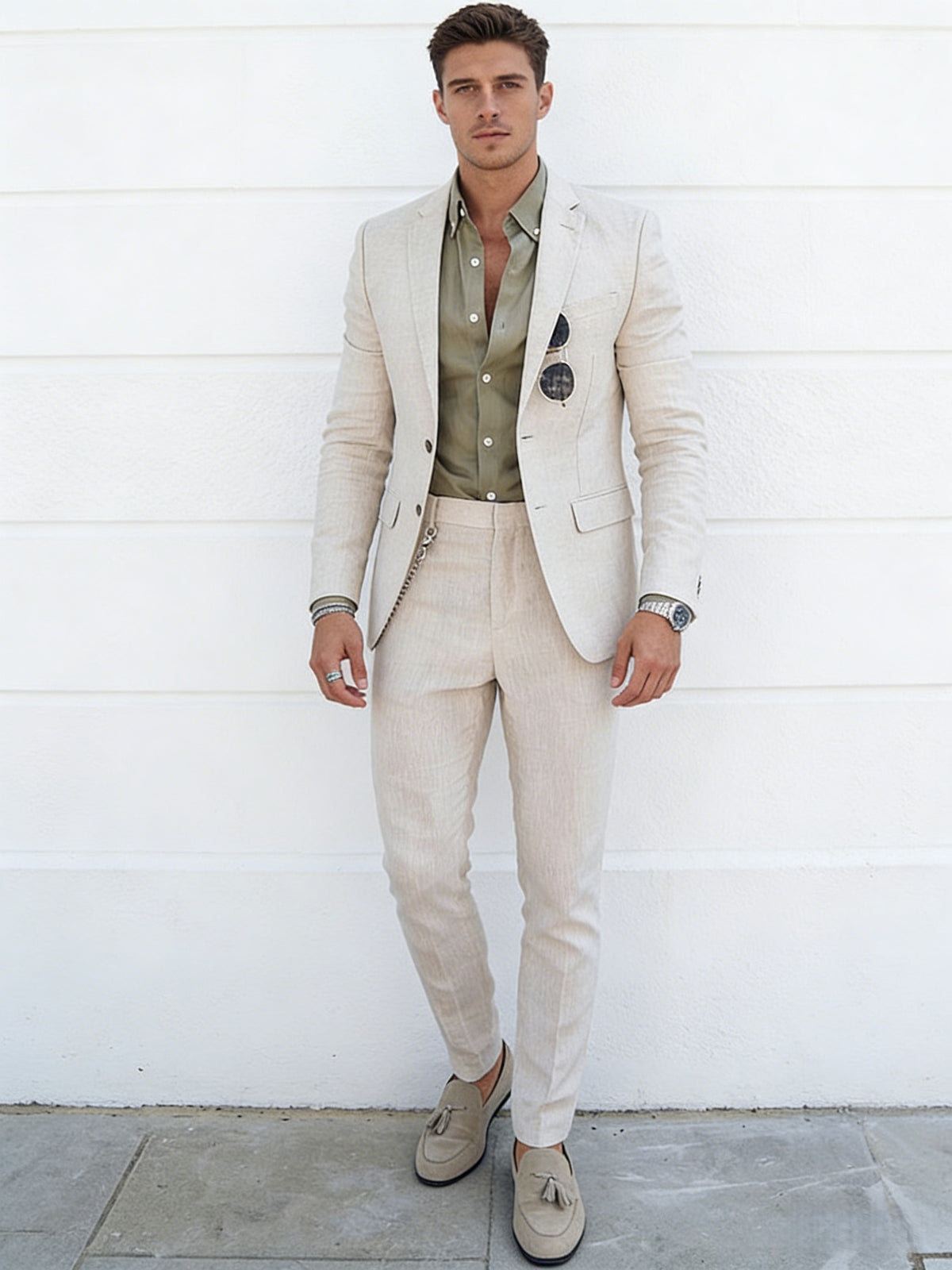 Flax Solid Color Suit Set 2-piece Sets