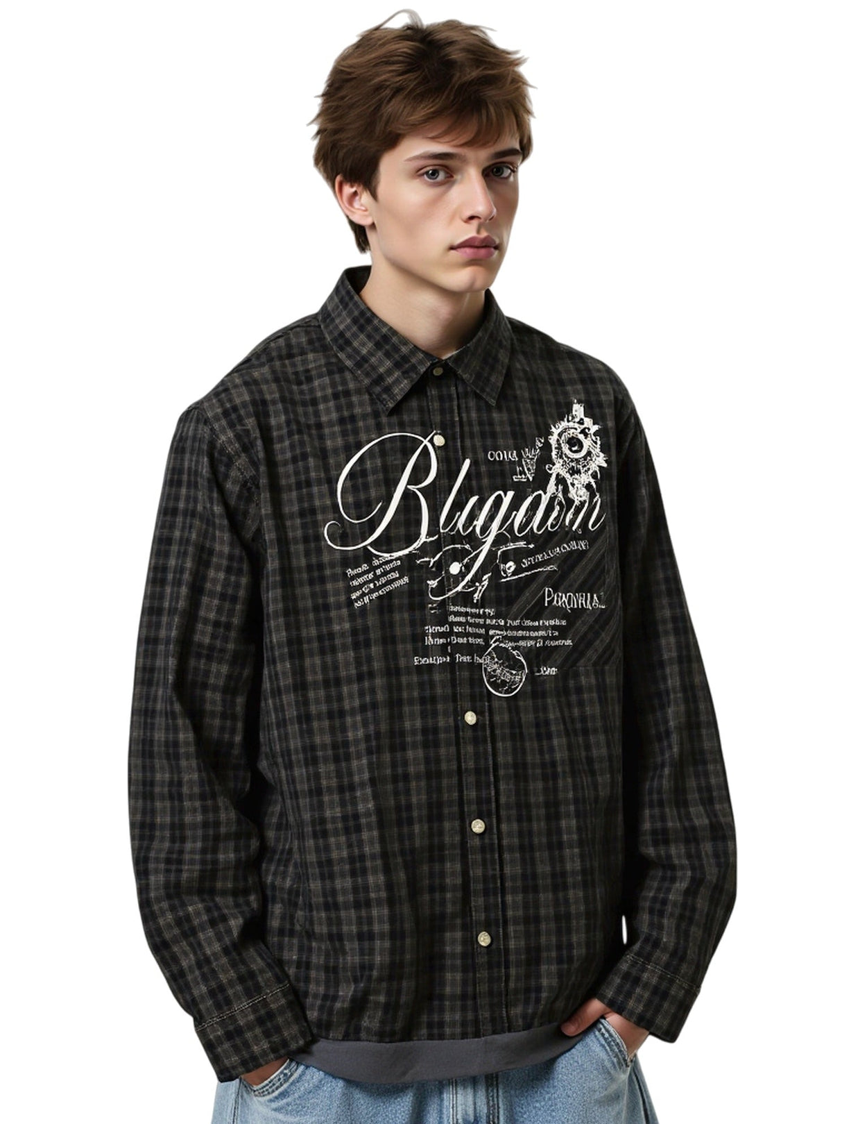 Niche Graffiti Letters Loose Plaid Long-sleeved Shirt