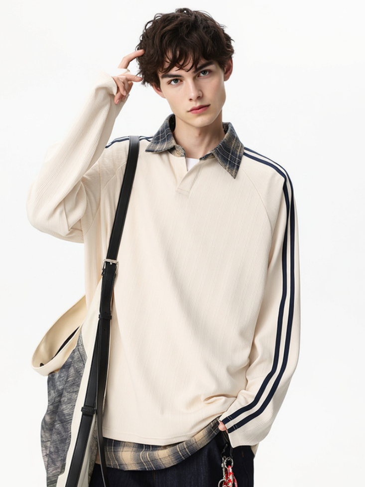 Fake Two Pieces Splicing V-neck College Style Polo