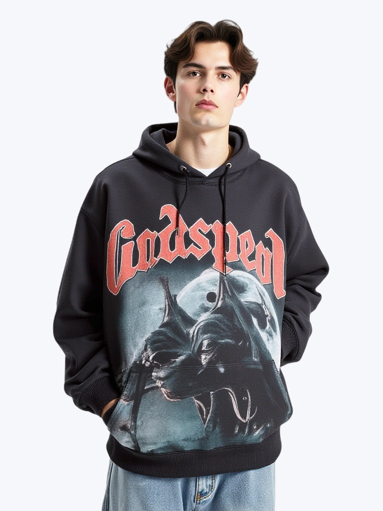 Rock Washed And Aged Printed Hooded Sweatshirt