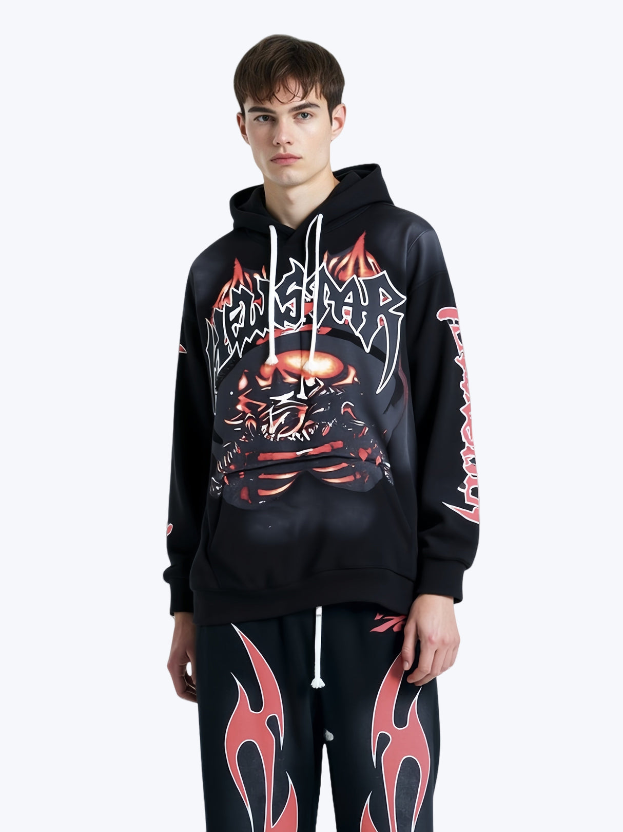 Washing Water Old Printed Hooded Sweatshirt Trousers Set