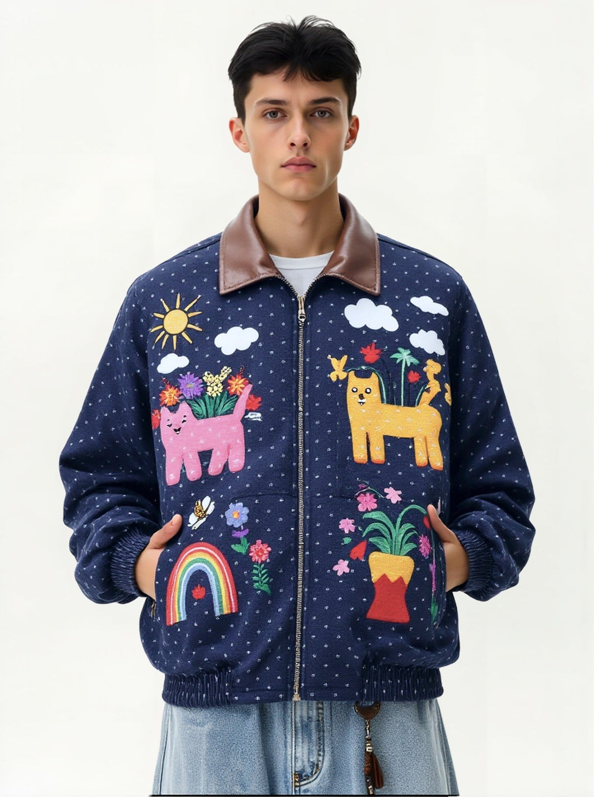 Retro Colorful Cat Polka Dots Splicing Lapel Thickening Jackets