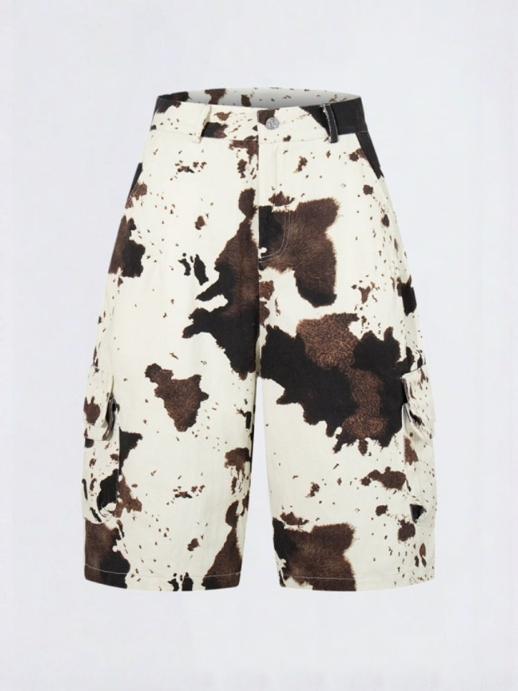 Color-blocked Cow Print Tie-dye Camouflage Denim 7 Points Shorts