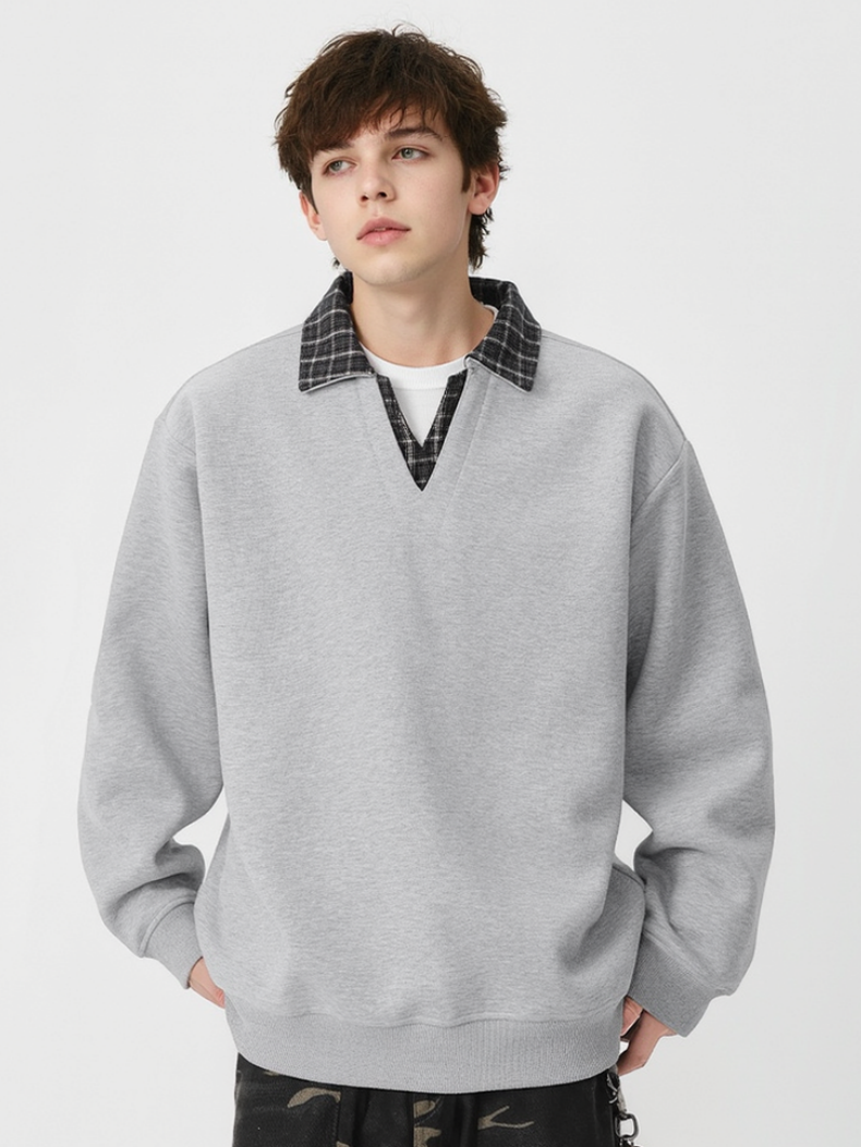 Retro Plaid Fake Two Pieces V-neck Polo Shirt