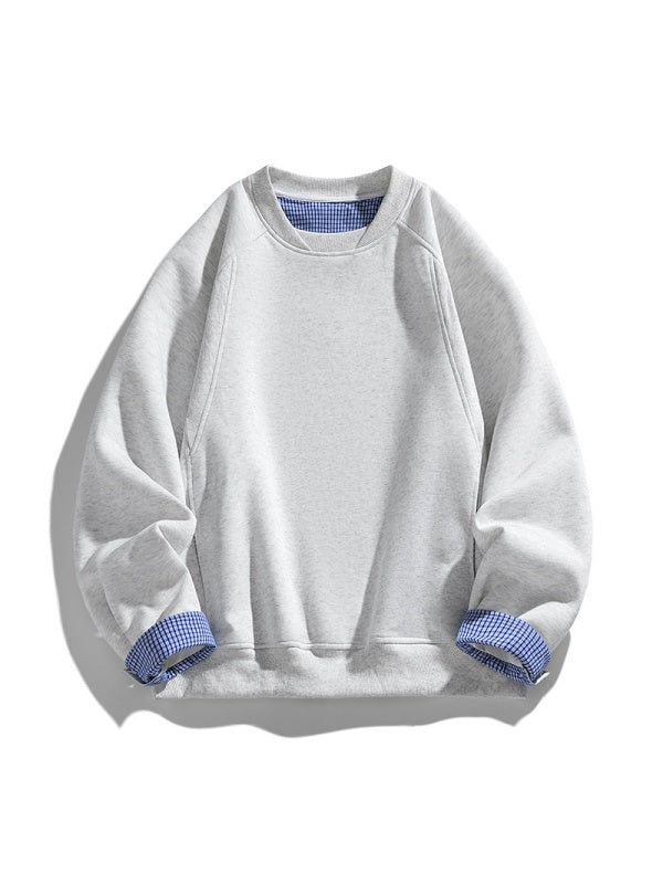 Plaid-Panel Clean-Fit Boxy Crew-Neck Sweatshirt