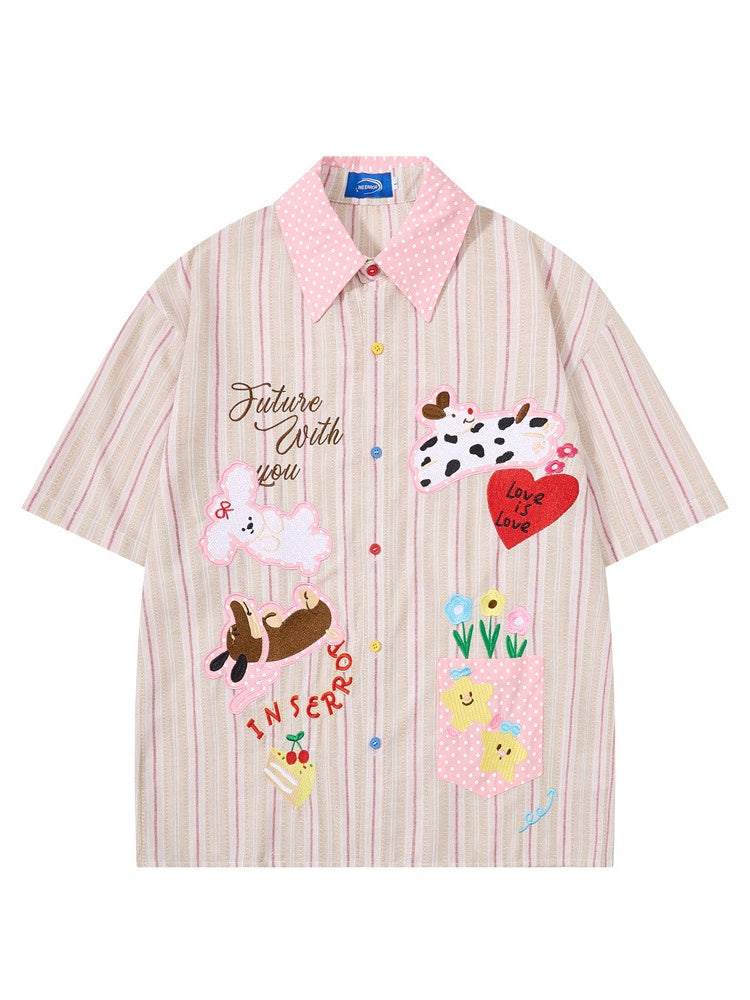 Cartoon Embroidery Vertical Stripe Hip Hop Loose-fit Color-blocked Shirts