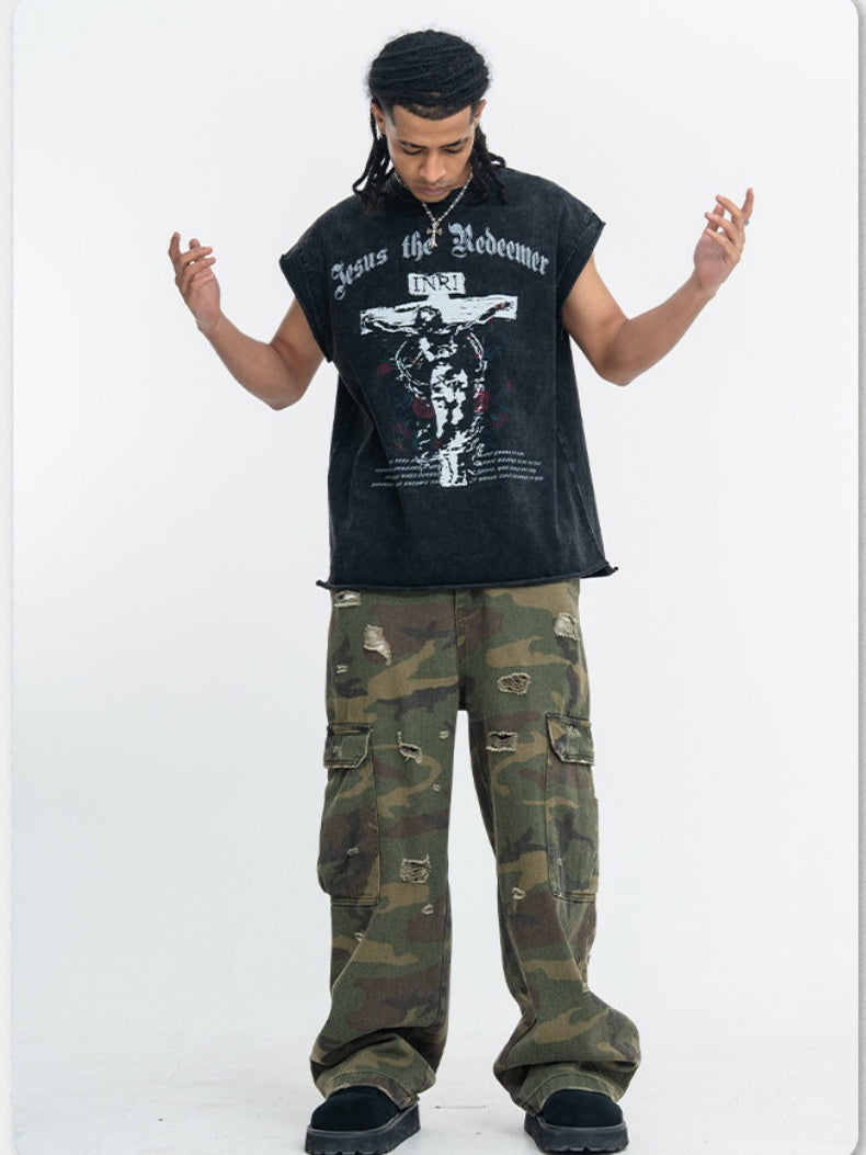 Washed Distressed God Printed Tank Tops