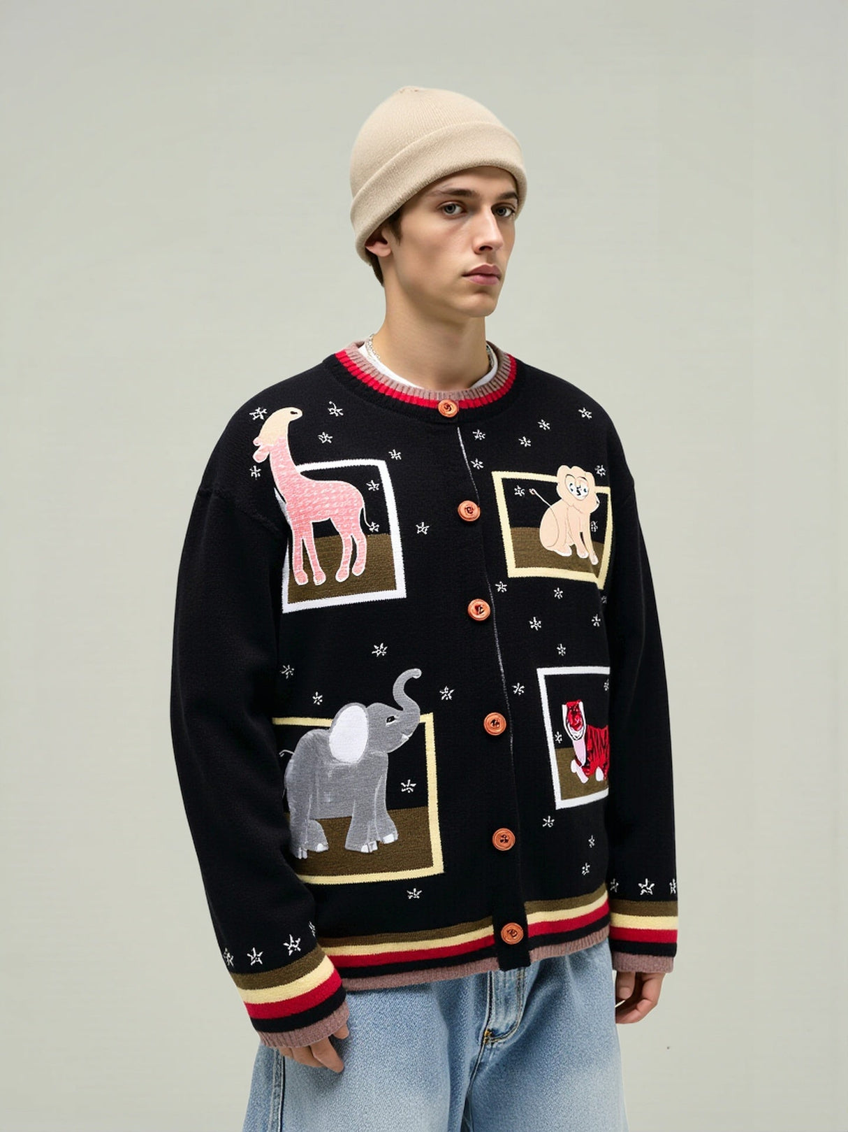 Christmas Retro Interesting Animals Appliqué Embroidery Cardigan Sweater