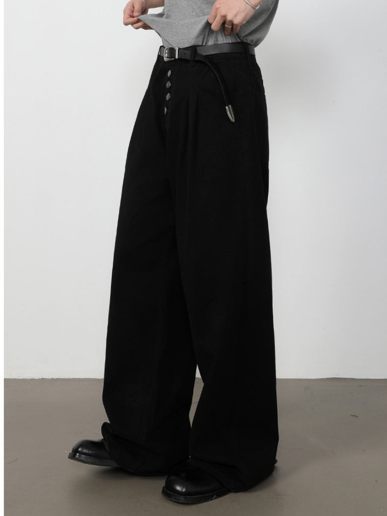 Retro Straight-fit Double Pleat Button Loose-fit Denim Pants