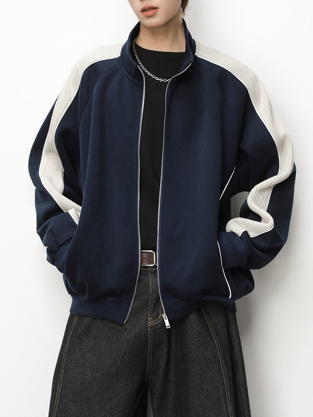 Color-blocked Raglan Sleeves Cardigan Sweatshirt