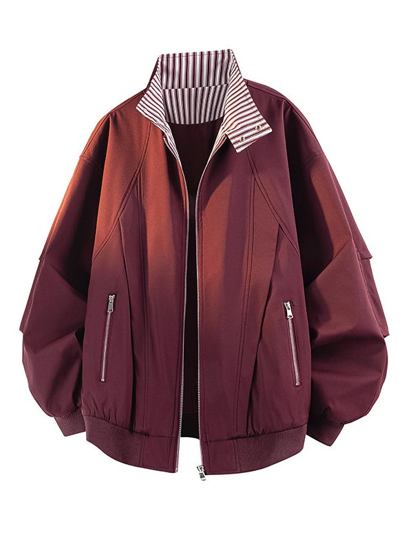 Contrasting Colors Stripes Stand Collar Tooling Loose Leisure Flight Jacket