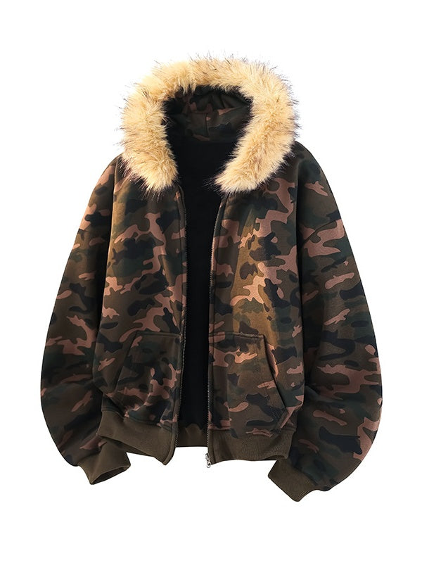 Vintage Camo Faux-Fur-Collar Hooded Jacket