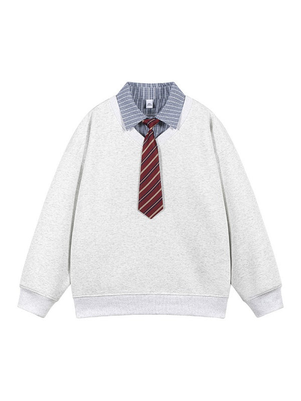 Fake Two Pieces Plaid Tie Contrasting Colors Splicing Polo