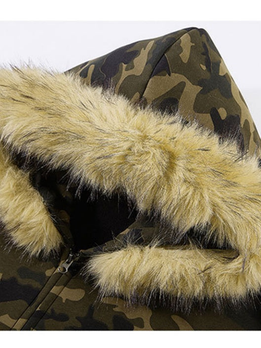 Vintage Camo Faux-Fur-Collar Hooded Jacket