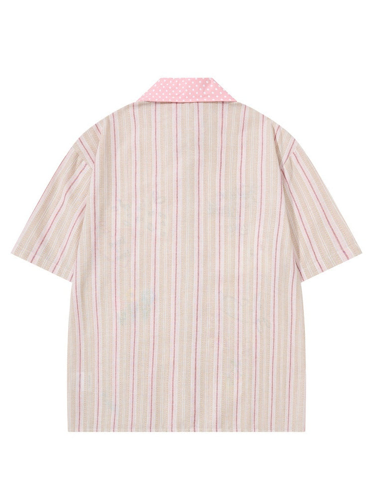 Cartoon Embroidery Vertical Stripe Hip Hop Loose-fit Color-blocked Shirts