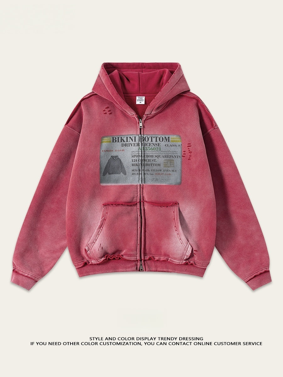 Cardigan mit abgenutztem, gewaschenem Print-Hoodie