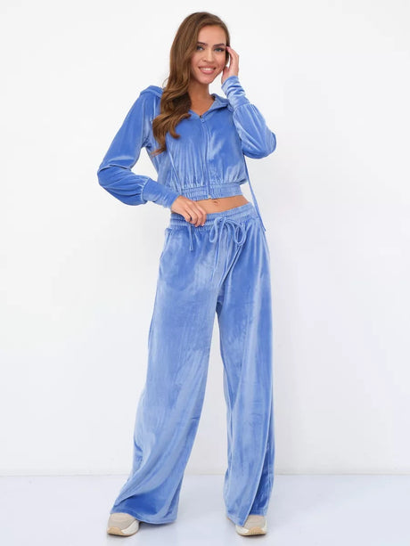 Velvet Zipper Cardigan, Silver Fox Fleece Sweatshirt, Lace-Up Pants 2-piece Sets