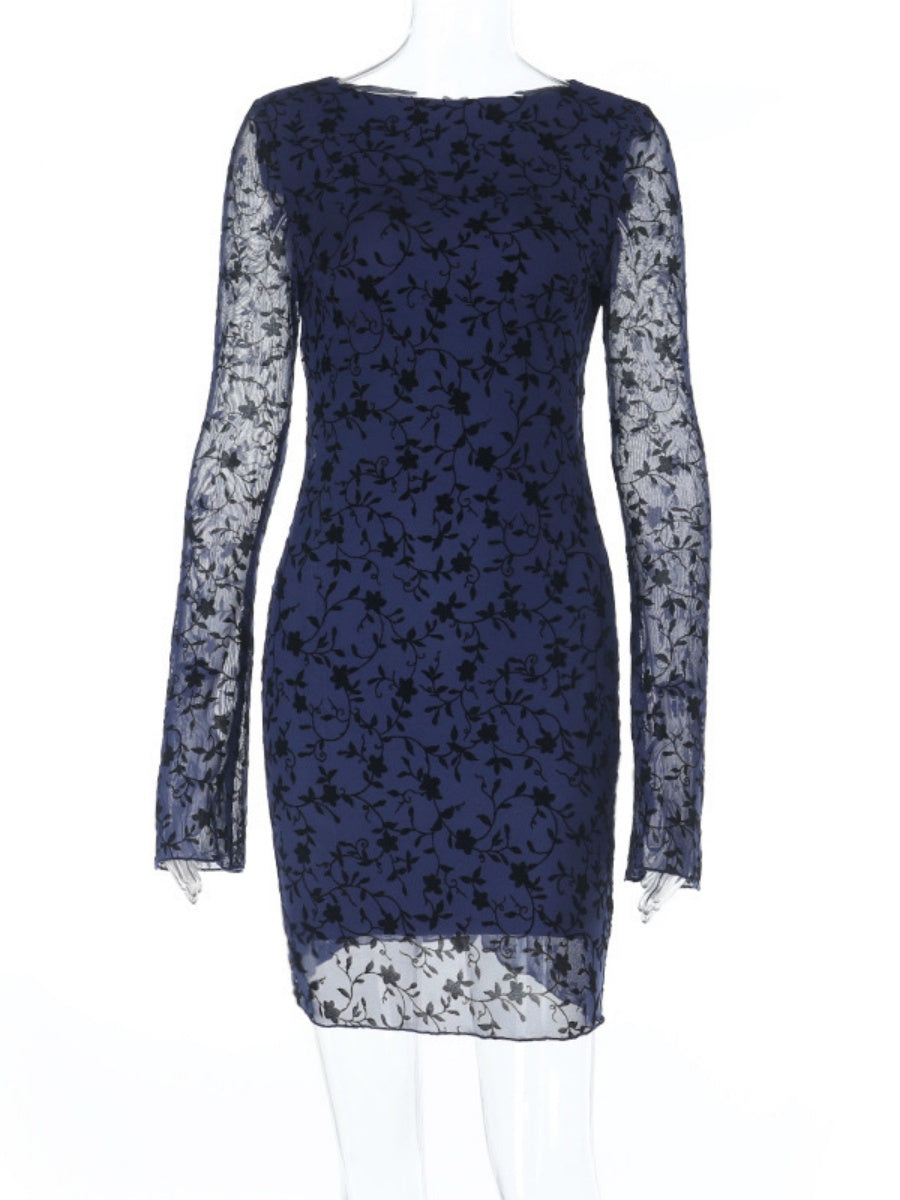 Long-sleeved Flocking Print Elastic Short Dress