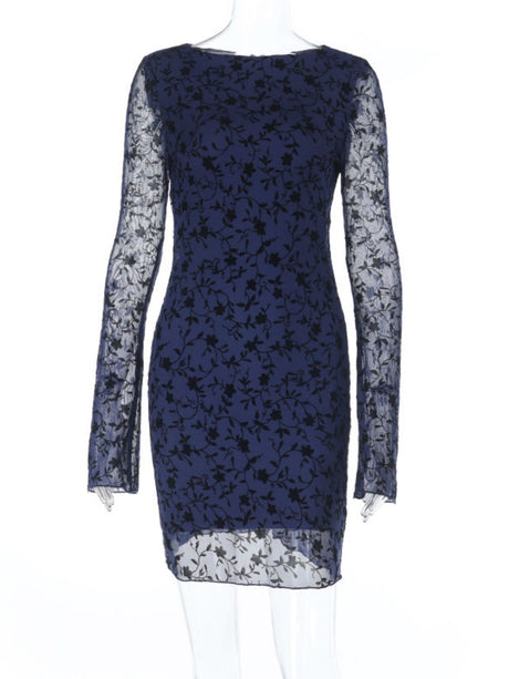 Long-sleeved Flocking Print Elastic Short Dress