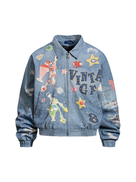 Fun And Stylish Prints Loose Washing Denim Jacket
