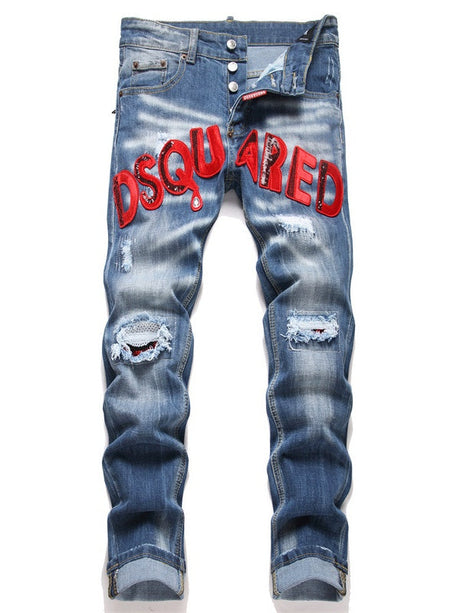 Punk Jeans Blue Hole Slim Fit With Patch Embroidery Mid-rise Jeans