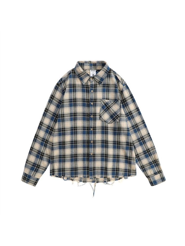 Contrasting Colors Plaid Loose Lapel Raw Edge Buttons Long-sleeved Shirt
