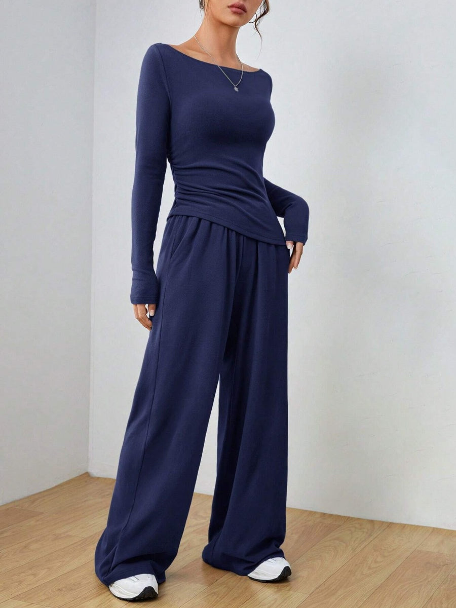Pocket Solid Color Large Round Neck Long Sleeve Pants 2-piece Sets