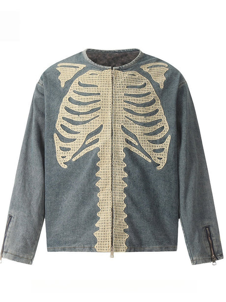 Old Skeleton Denim Shirt Washing Embroidery Knitted Cardigan Jacket