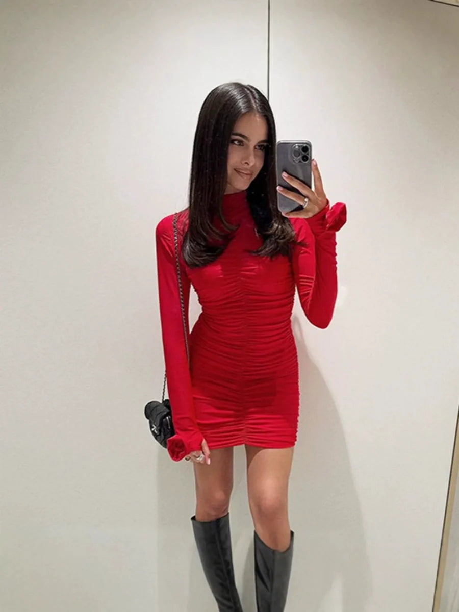Turtleneck Red Wrinkles All Over The Body Seminarians Hip-hugging Nightclub Short Dress