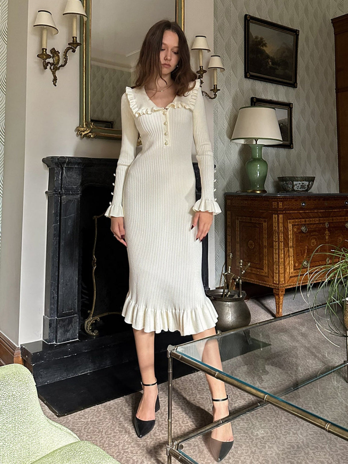 Ruffled Retro Splicing Ladies French Lapel Long Dress Knitted Skirt Sweater Dress